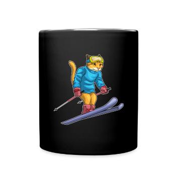 Katze Skifahrer Ski - Tasse einfarbig - Schwarz - Vorne