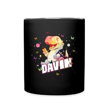 DAVIN - Schöner Junge Name mit süßem DINO T-REX - Tasse einfarbig - Schwarz - Vorne