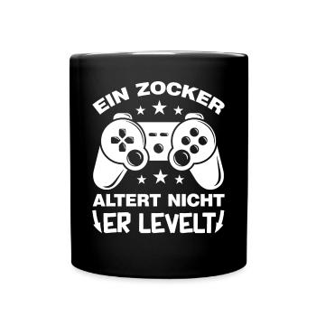 Ein Zocker altert nicht er levelt up Gamer Sprüche - Tasse einfarbig - Schwarz - Vorne