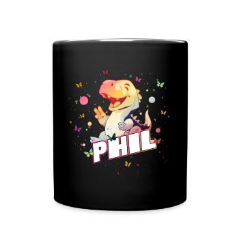 PHIL - Schöner Junge Name mit süßem DINO T-REX - Tasse einfarbig - Schwarz - Vorne