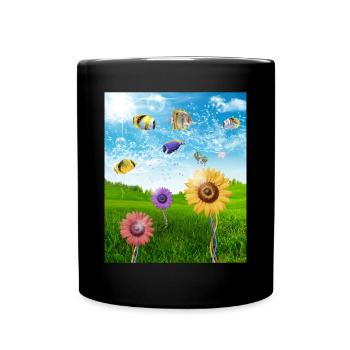 Frutiger Aero Esthétique Tech Paysage Poissons Soleil - Mug uni - noir - Devant