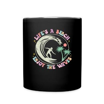Das Leben ist ein Strand - Genieße die Wellen - Retro Design - Tasse einfarbig - Schwarz - Vorne