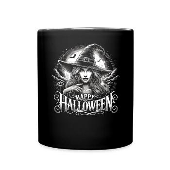 Schöne Hexe mit Happy Halloween - Tasse einfarbig - Schwarz - Vorne