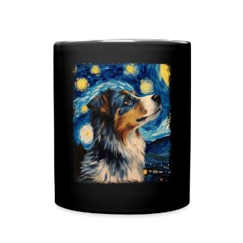 Australian Shepherd Herding Dog Starry Night Painting - Full Colour Mug - black - Front