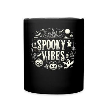 Halloween T-Shirt "Spooky Vibes" - Schwarz-Weiß - Tasse einfarbig - Schwarz - Vorne