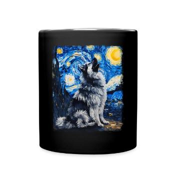 Keeshond Dog Howling Starry Night Painting - Full Colour Mug - black - Front