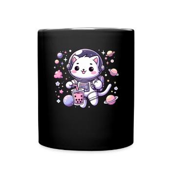 Kawaii Katze Astronaut Bubble Tea Im Weltraum - Tasse einfarbig - Schwarz - Vorne