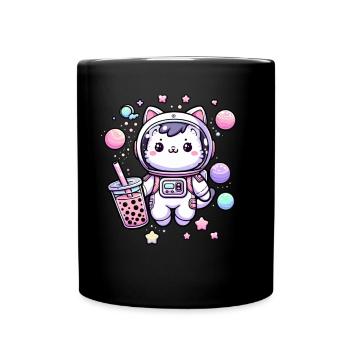 Kawaii Katze Astronaut Bubble Tea Im Weltraum - Tasse einfarbig - Schwarz - Vorne