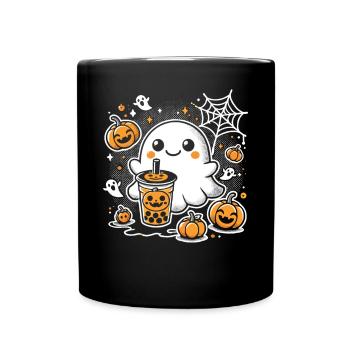 Halloween T-Shirt: Geist mit Kürbis Bubbletea - Tasse einfarbig - Schwarz - Vorne