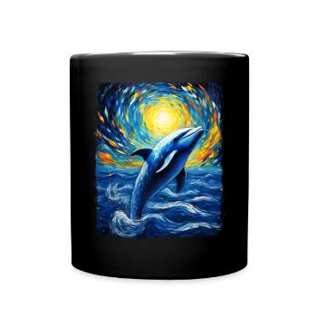Dolphin Sea Animal Starry Night Painting - Full Colour Mug - black - Front