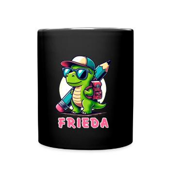 Lustiger Dinosaurier mit Schulranzen und Brille - Tasse einfarbig - Schwarz - Vorne