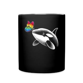 Orca Wal Schmetterlinge Tier Blumen Illustration - Tasse einfarbig - Schwarz - Vorne