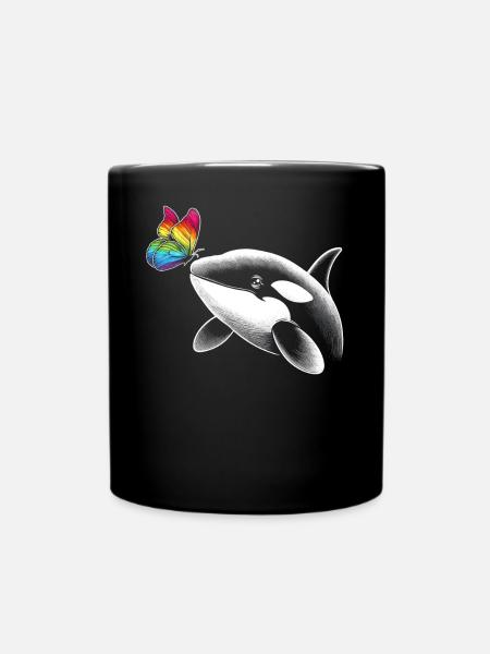 Orca Wal Schmetterlinge Tier Blumen Illustration - Tasse einfarbig - Schwarz