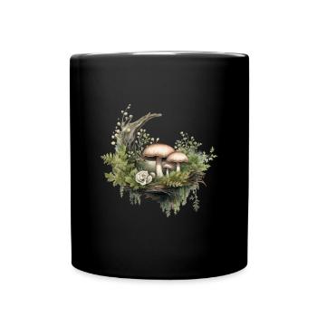 Waldpilze und Moos mit Rose - Tasse einfarbig - Schwarz - Vorne