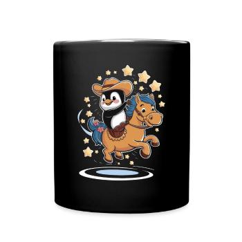 Cheerful Penguin Cowboy Riding A Horse - Full Colour Mug - black - Front