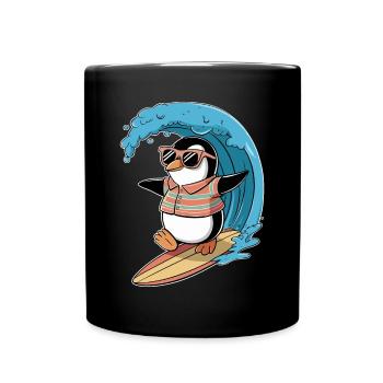 Cooler Pinguin Beim Surfen Mit Sonnenbrille - Tasse einfarbig - Schwarz - Vorne