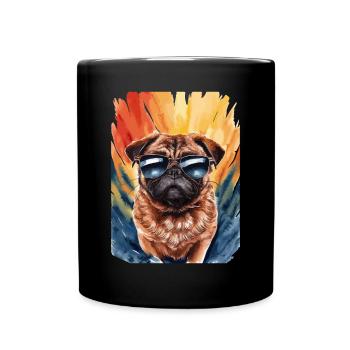 Cooler Mops Mit Sonnenbrille Vor Bunter Kulisse - Tasse einfarbig - Schwarz - Vorne