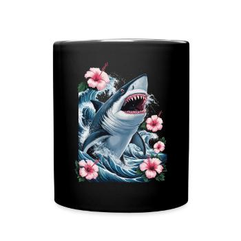 Shark Waves and Hibiscus Flowers Artwork - Full Colour Mug - black - Front