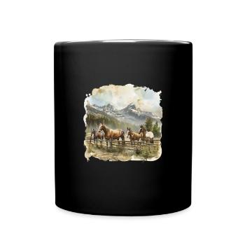Horses in Front of Mountain Landscape Painting - Full Colour Mug - black - Front