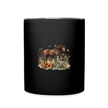 Braunes Pferd Im Blumenfeld Mit Schmetterlingen - Tasse einfarbig - Schwarz - Vorne