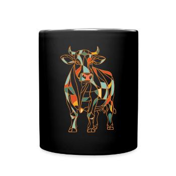 Geometrische Bauernhoftier Grafik Bunte Kuh - Tasse einfarbig - Schwarz - Vorne