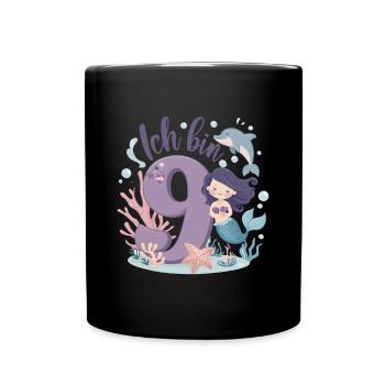 9th Birthday Girl 9 Years Mermaid Party - Full Colour Mug - black - Front