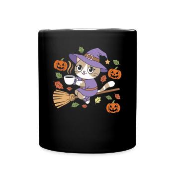 Chat mignon d’Halloween avec chapeau de sorcière et citrouilles - Mug uni - noir - Devant