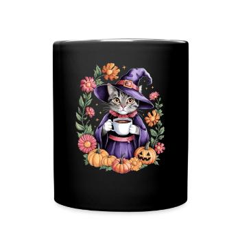 Chat sorcière Halloween avec des citrouilles et des fleurs - Mug uni - noir - Devant