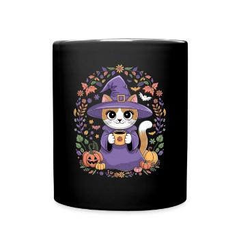 Chat sorcière d'Halloween avec des citrouilles - Mug uni - noir - Devant