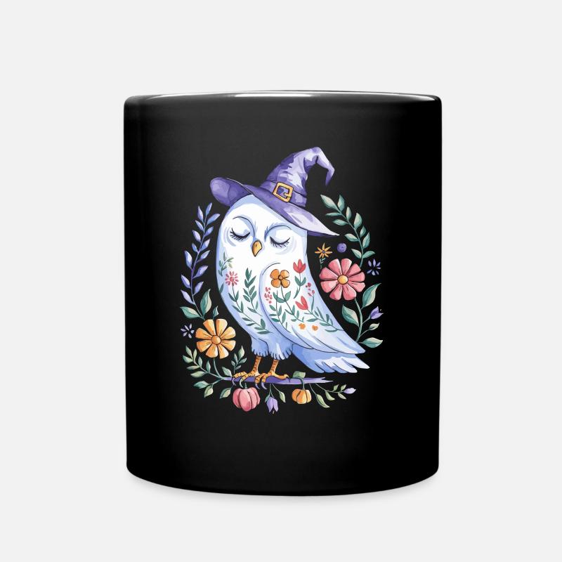 Halloween Eule Mit Hexenhut Und Blumen - Tasse einfarbig - Schwarz