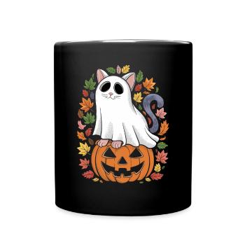 Fantôme de chat d’Halloween sur citrouille avec - Mug uni - noir - Devant