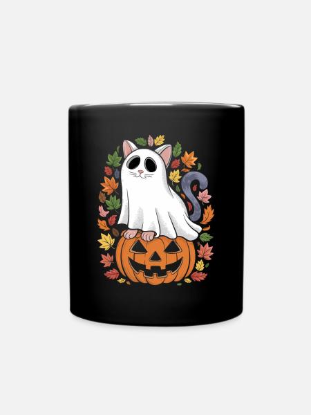 Halloween Katze Geist auf Kürbis mit - Tasse einfarbig - Schwarz