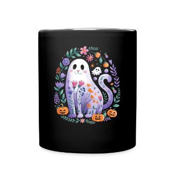 Chat mignon d'Halloween avec des citrouilles et des fleurs - Mug uni - noir - Devant