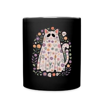 Joli chat fantôme d'Halloween avec des fleurs - Mug uni - noir - Devant