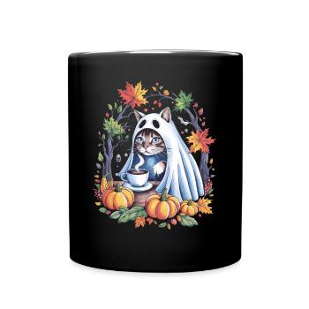 Chat d'Halloween en costume de fantôme avec des citrouilles - Mug uni - noir - Devant