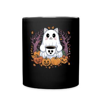 Chat mignon d'Halloween avec du café et des citrouilles - Mug uni - noir - Devant