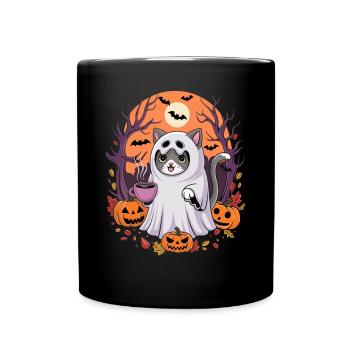 Chat d'Halloween en costume fantôme avec des citrouilles - Mug uni - noir - Devant