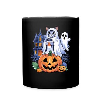 Chat d'Halloween avec citrouille et fantôme - Mug uni - noir - Devant