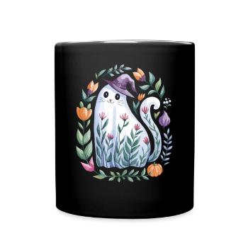 Chat fantôme d'Halloween avec chapeau de sorcière et fleurs - Mug uni - noir - Devant