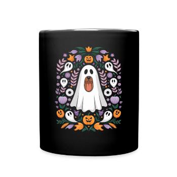 Fantôme de chien d'Halloween avec citrouilles et fleurs - Mug uni - noir - Devant