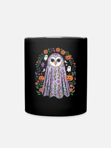 Halloween Eule Mit Blumen Und Kürbissen - Tasse einfarbig - Schwarz