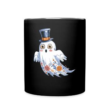 Fantôme d'Halloween avec chapeau haut de forme et motif floral - Mug uni - noir - Devant