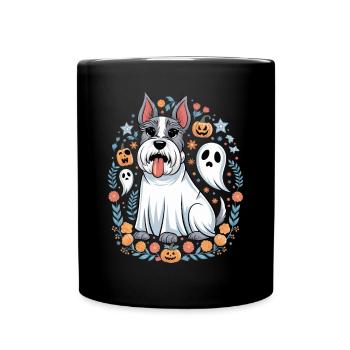 Cute dog in Halloween costume with pumpkins - Full Colour Mug - black - Front