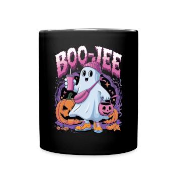Boo-Jee Halloween Geist mit Kürbissen und Getränk - Tasse einfarbig - Schwarz - Vorne