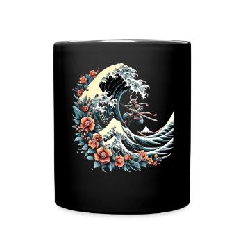 grande vague de Kanagawa avec des fleurs et des samouraïs - Mug uni - noir - Devant