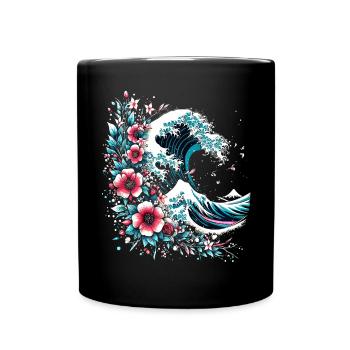 große Welle vor Kanagawa mit Blumen - Tasse einfarbig - Schwarz - Vorne