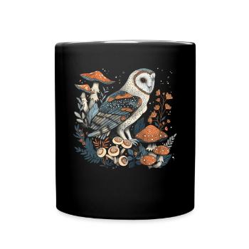 Cottagecore Aesthetic Owl Mushroom Witchy Floral - Full Colour Mug - black - Front