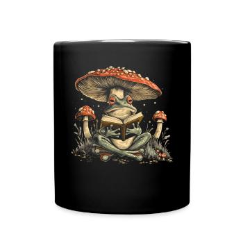 Cottagecore Aesthetic Frog Reading Book Mushroom Gobl - Full Colour Mug - black - Front