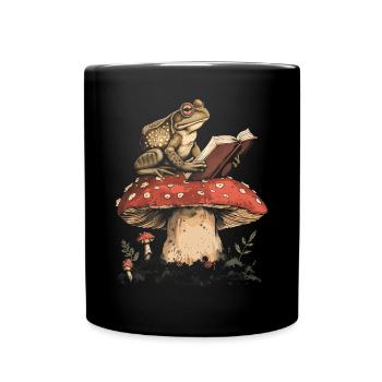 Cottagecore Aesthetic Frog Reading Book Mushroom Gobl - Full Colour Mug - black - Front