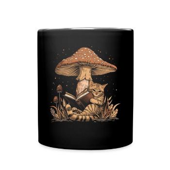 Cottagecore Aesthetic Cat Reading Book Mushroom Witchy - Full Colour Mug - black - Front
